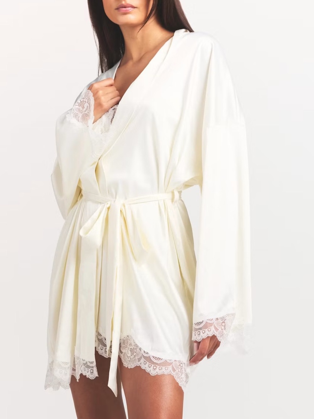 NWT SKIMS Cream Satin Lace Short Robe new woven shine ivory bridal white